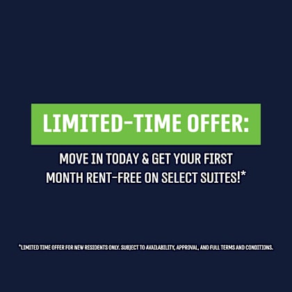 a promotional image offering a first month rent-free on select suites for new residents.