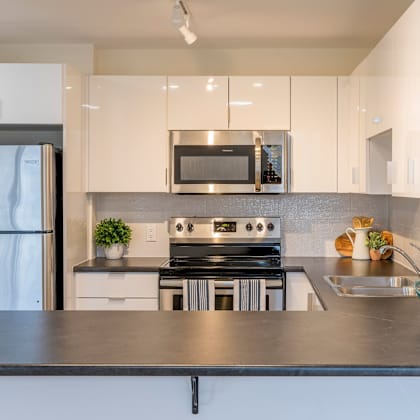 a modern kitchen with a stainless steel sink and black countertop.