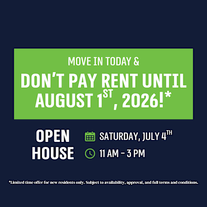 a promotional image offering a free move in for new residents until august 1st, 2026.