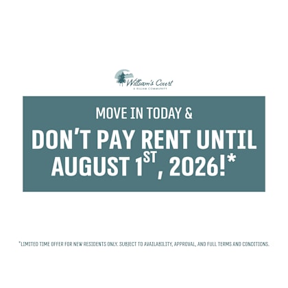 a promotional image for william's court offers a free rent period for new residents.