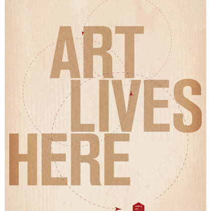 a poster with the text "art lives here" and a website address at the bottom.