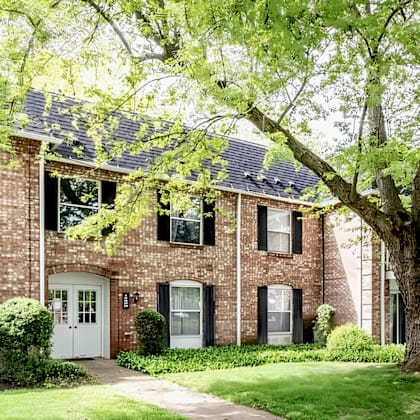 a tree in front of a brick house.