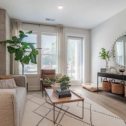 bright living room with neutral decor and greenery at the yancey apartments, north carolina