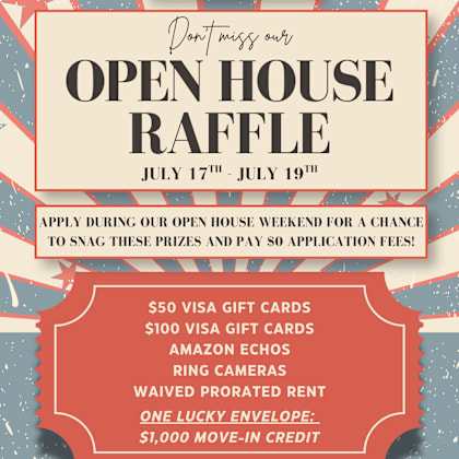 a poster advertises an open house raffle with prizes like visa gift cards and amazon echos.