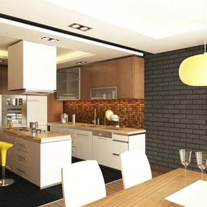 a kitchen with a black refrigerator freezer next to a stove top oven