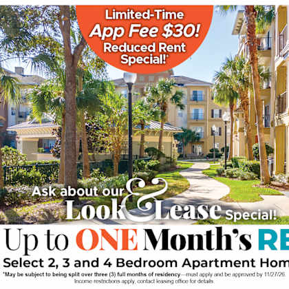 save up to one month's rent on select 2, 3 and 4 bedroom apartment homes* ask about our look and lease special!