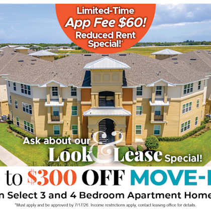 up to $300 off move-in costs on select 3 and 4 bedroom apartment homes* ask about our look and lease special!