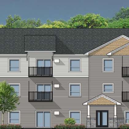 a modern apartment building with balconies and trees in the background.