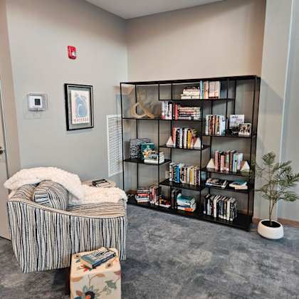 a room with a bookshelf, a chair, and a small tree.