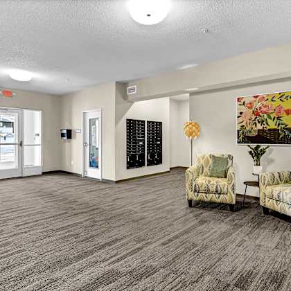 an illustration of the lobby of a building with the word on it