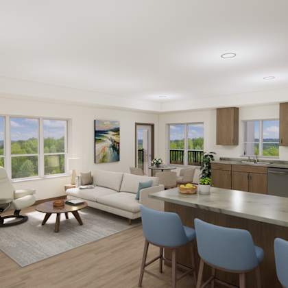 a modern living room with a white sofa, a wooden cabinet, and a kitchen area in the background.
