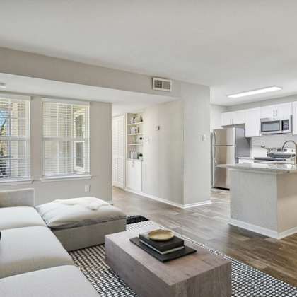 a living room and kitchen with a couch and a coffee table