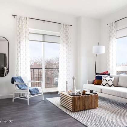 a living room with a couch and a table