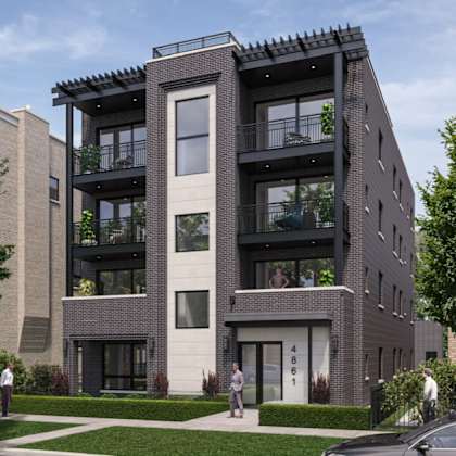 a rendering of a three story apartment building on a city street
