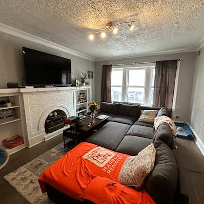 a living room with a fireplace, a couch, and a television.