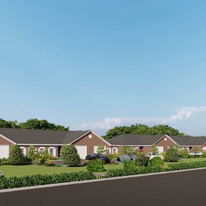 a rendering of a neighbourhood with houses and a road