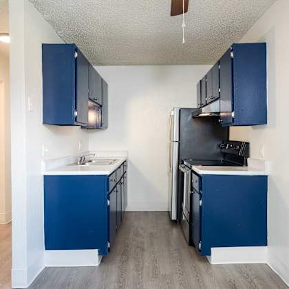 kitchen with navy cabinets and a black refrigerator