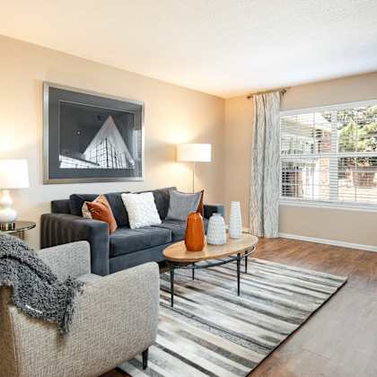 a living room with a couch and a chair and a window