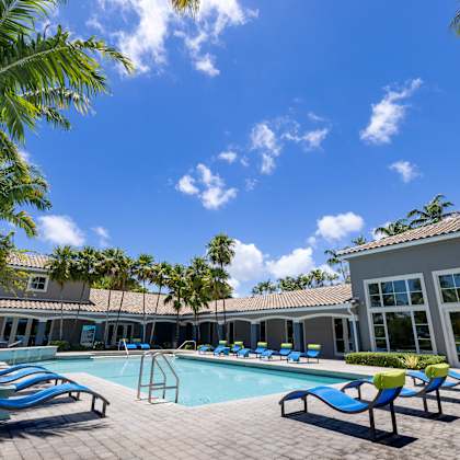 a pool surrounded by palm trees and sun loungers.