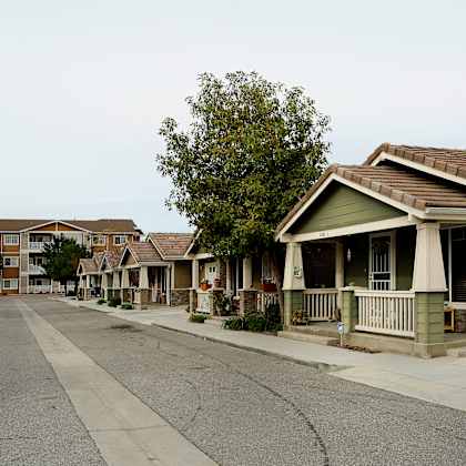 a row of houses with a tree in front of them.