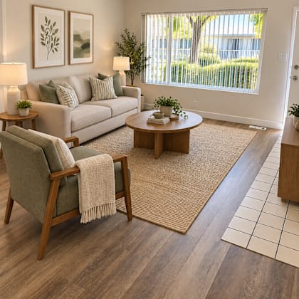a living room with a grey couch, a wooden armchair, and a coffee table.