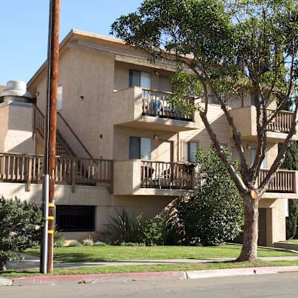 a tree in front of a building with a balcony.