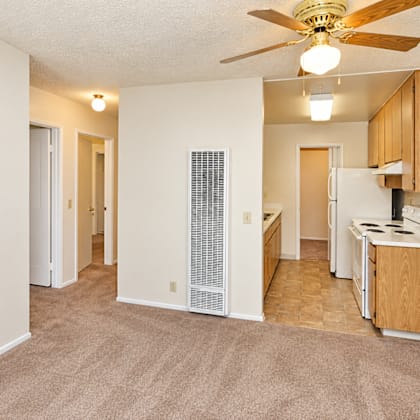 a living room with a fan and a kitchen area in the background.