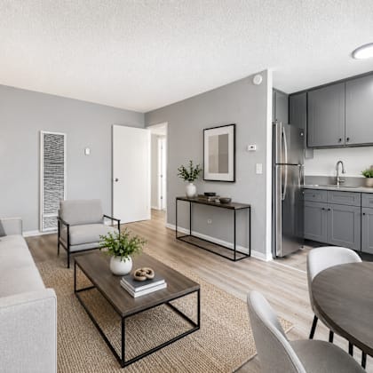 a modern living room with a grey couch, a coffee table, and a kitchen in the background.