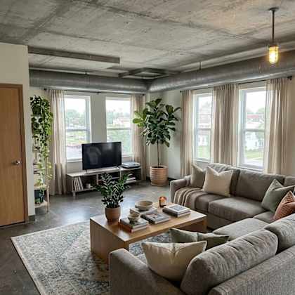 a living room with a grey couch and a coffee table.
