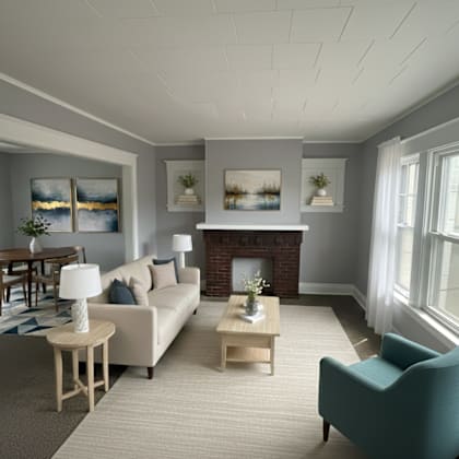 a living room with a fireplace, a couch, a chair, and a dining table.