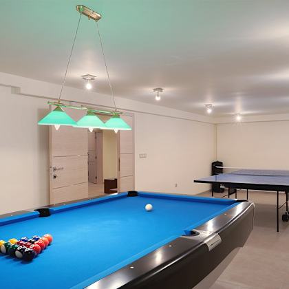 a game room with a pool table and a ping pong