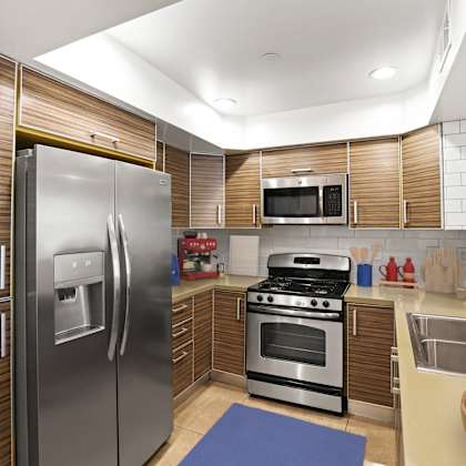 kitchen with stainless-steel refrigerator, stove, microwave oven, dishwasher