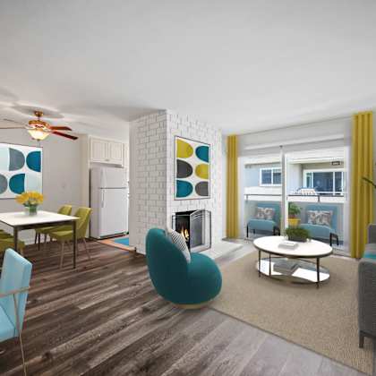 open-concept dining and living room with vinyl flooring, fireplace, and a patio