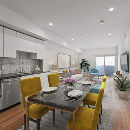 fully equipped eat-in kitchen at gramercy park by wiseman, los angeles, 90004