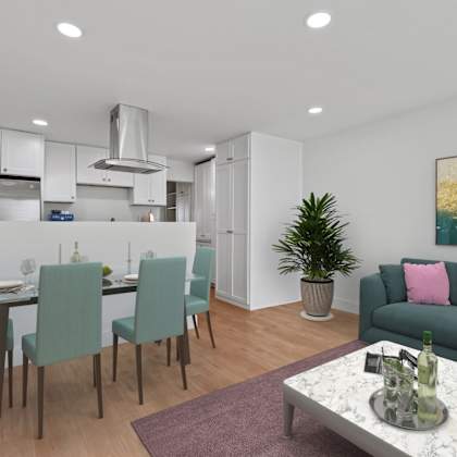 open-concept kitchen, dining, and living room with vinyl flooring and recessed lighting