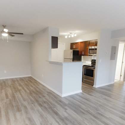 living room featuring plank-style flooring and corner kitchen with dining area at integrity medina apartments, oh, 44256