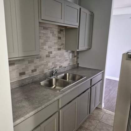 a kitchen with a sink and a counter.