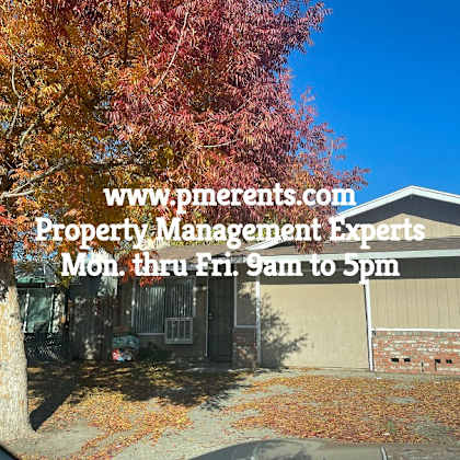a sign advertising property management experts is superimposed on an image of a house and trees.