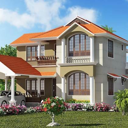 a two-story house with a red roof and a carport is surrounded by a garden with flowers and palm trees.