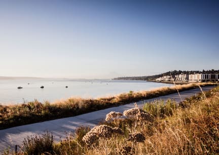 a view of a beach and the ocean with a boardwalk