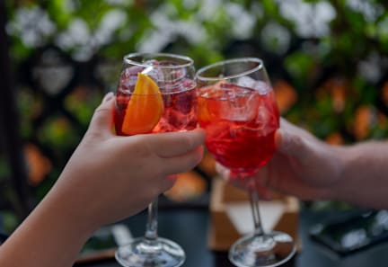 Two people toasting with drinks in front of a blurred background.