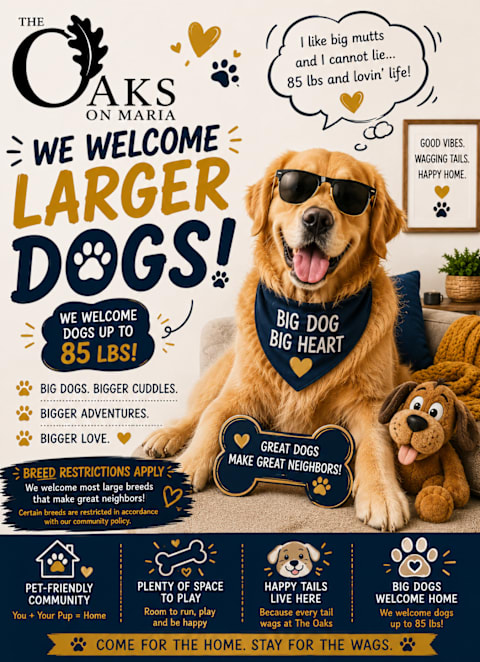 A poster welcoming larger dogs to a pet-friendly community.
