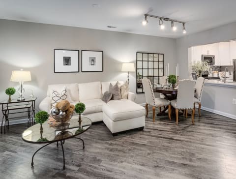 a living room and dining room with a couch and a table