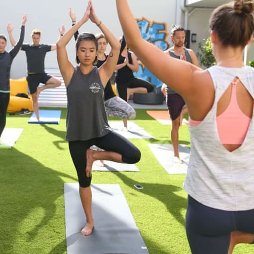 a group of people doing yoga on yoga mats