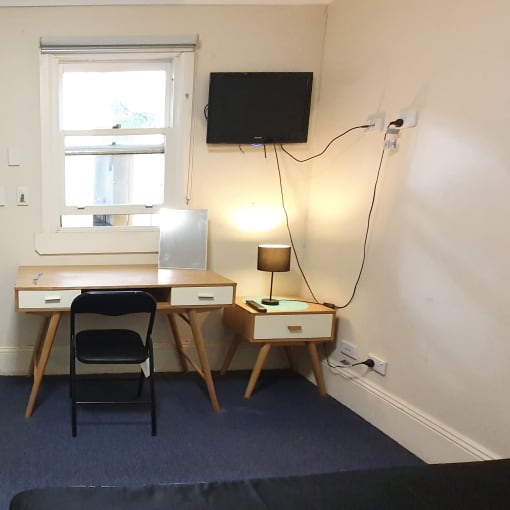 a small room with a desk and a window