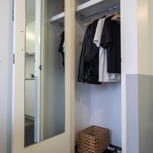 a closet with a mirror and a closet door open