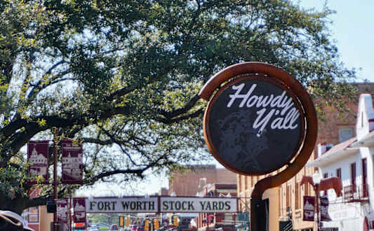A Howdy Y'all sign is in front of a tree.