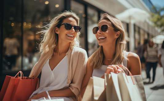 three women walking down the street with shopping bags