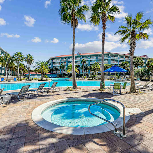 A pool surrounded by palm trees and lounge chairs.