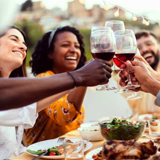 A group of people toasting with wine glasses at a dinner table.